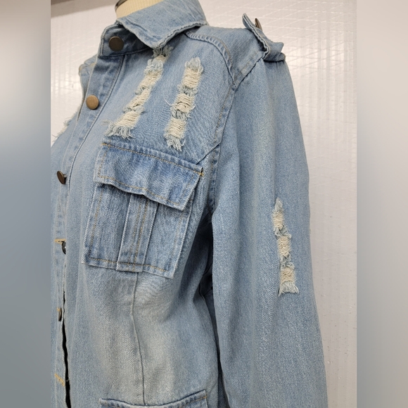 Rock Tour Jean Jacket with Lace Gypsy Bell Sleeves Upcycled Retro Rock Merc - Picture 10 of 14